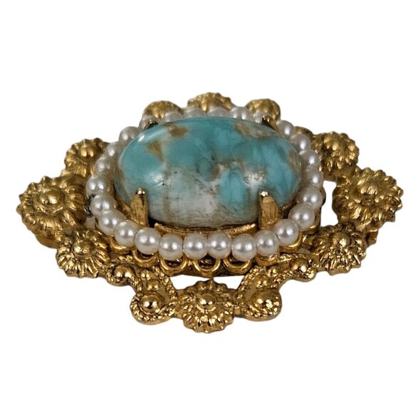 Gold Tone Mottled Blue Oval Glass Faux Pearl Oval Vintage Filigree Brooch L213 - Picture 3 of 9